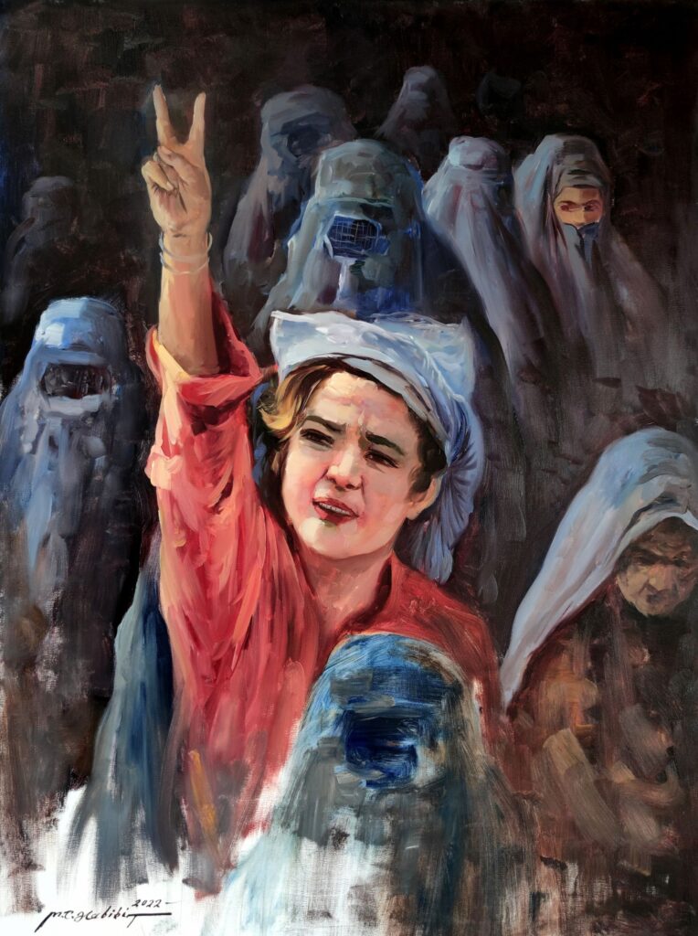 زنی با صورتی باز در میان زنانی با پوشش اجباری، دستش را به علامت پیروزی نشان داده است. Painting: Mhd. Tariq Habibi