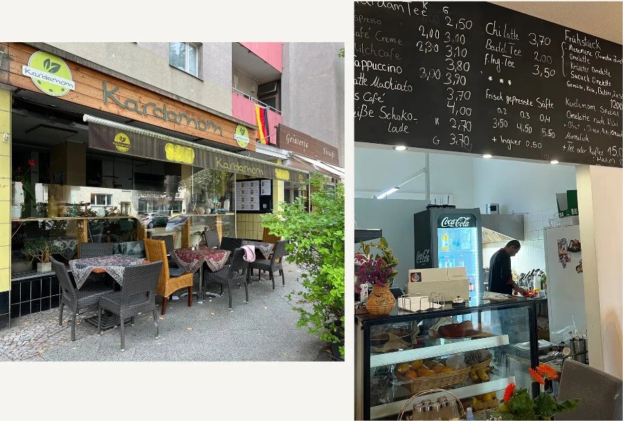 Das Bild hat zwei Hälften. Auf der linken Seite ist der Außenbereich des Cafés zusehen. Rechts gibt es einen Einblick in die Küche.
