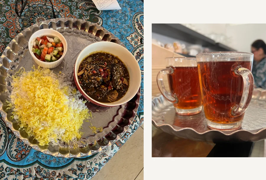Auf dem Bild sind ein iranisches Gericht und zwei Tassen Tee zu sehen.