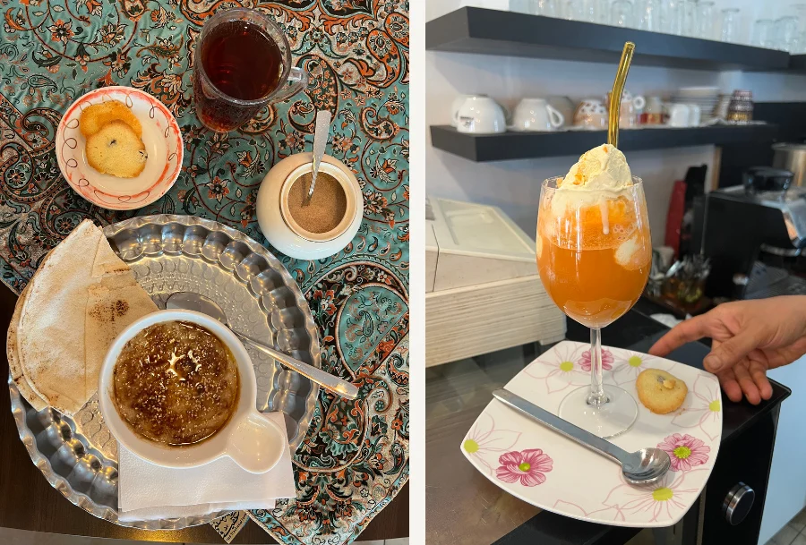 Auf dem Bild ist links das Gericht Halim zu sehen, rechts steht ein Glas Karottensaft mit einer Kugel Eis.
