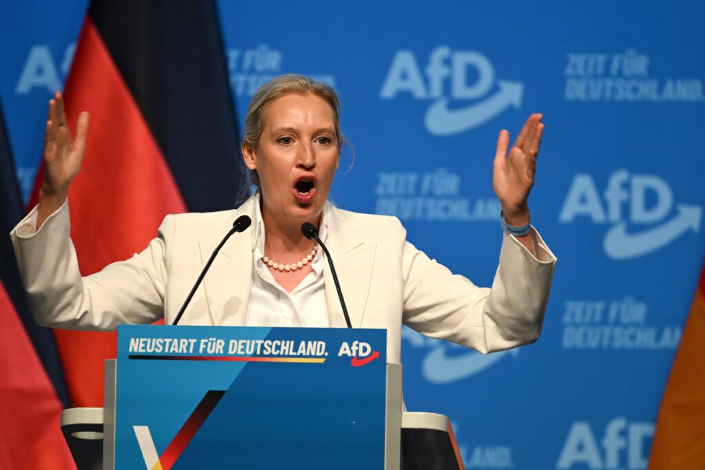 آلیس وایدل، رهبر حزب AfD، در جریان سخنرانی در کنگره فدرال این حزب در شهر ارفورت، ایالت تورینگن. Foto: Katharina Kausche/dpa