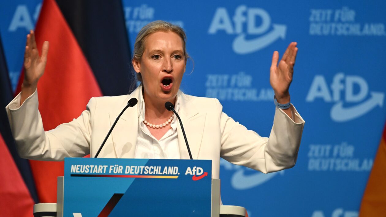 آلیس وایدل، رهبر حزب AfD، در جریان سخنرانی در کنگره فدرال این حزب در شهر ارفورت، ایالت تورینگن. Foto: Katharina Kausche/dpa