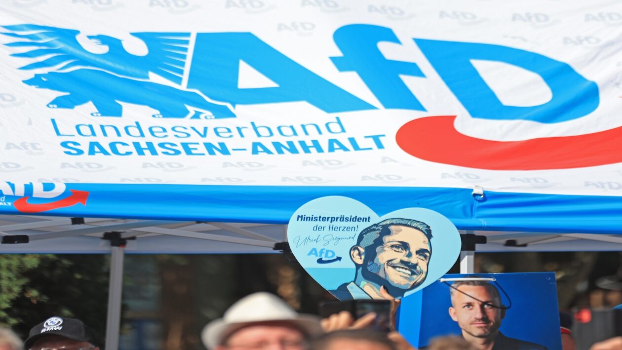 ARCHIV - 08.08.2026, Sachsen-Anhalt, Staßfurt: Ein Wahlwerbeschild mit dem Bild von AfD-Spitzenkandidat Siegmund ist auf einer Kundgebung der AfD mit Grillfest zu sehen. In Sachsen-Anhalt wird am 6.9.2026 ein neuer Landtag gewählt. (zu dpa: «AfD erreicht 43 Prozent in neuer Umfrage vor Landtagswahl») Foto: Matthias Bein/dpa +++ dpa-Bildfunk +++