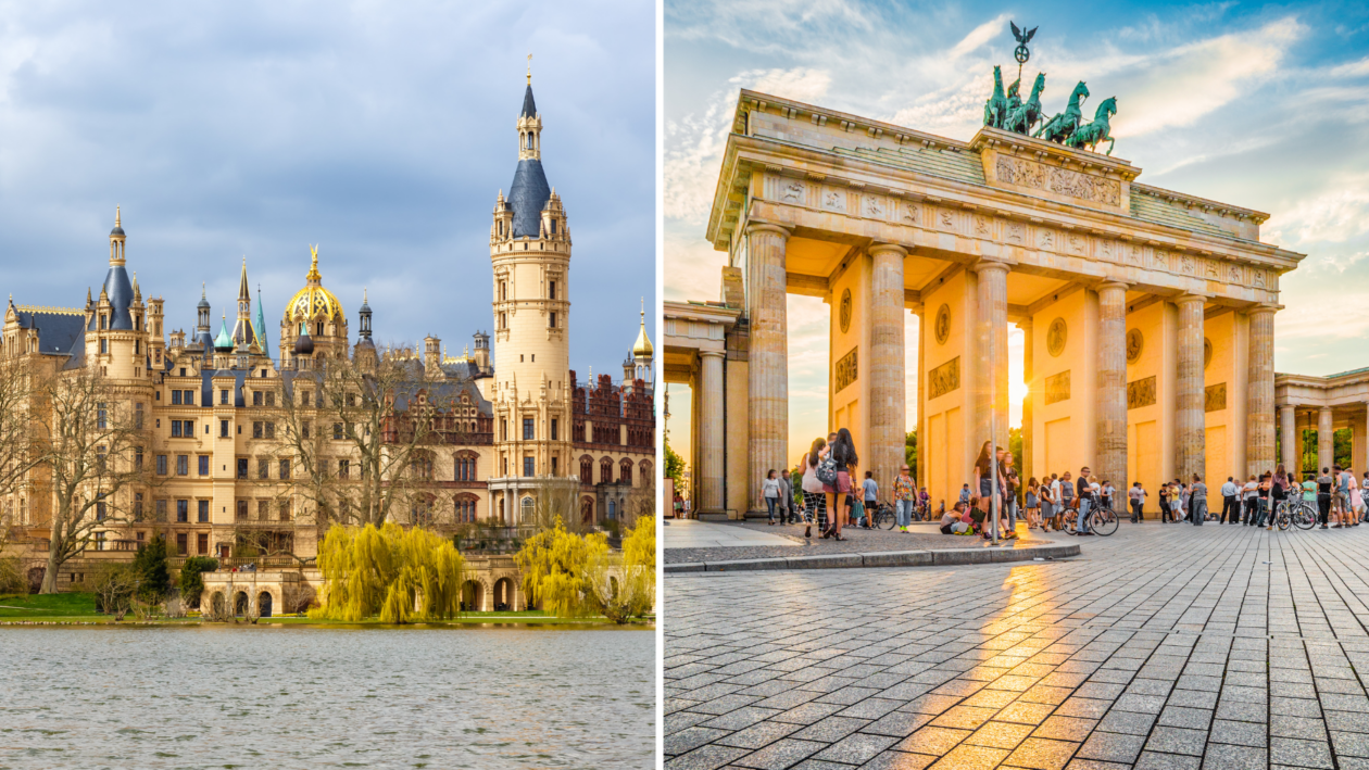 صورة تعبيرية تظهر بوابة براندنبورغ في برلين وقلعة شفيرين في مكلنبورغ
Foto: Canva Pro