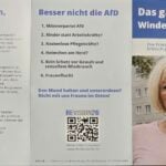 Das Bild zeigt einen dreifach gefalteten Flyer der Initiative „ReVision26“, der die frauenpolitische Haltung der Partei Alternative für Deutschland (AfD) kritisiert. Auf der rechten Seite sind das Bild einer blonden Frau mit Kurzhaarschnitt und eine markante Überschrift zu sehen, die die Aussicht auf ein Leben voller Windelwechseln hinterfragt. Außerdem enthält dieser Teil eine Liste kritischer Punkte, Angaben zum Herausgeber sowie einen QR-Code.