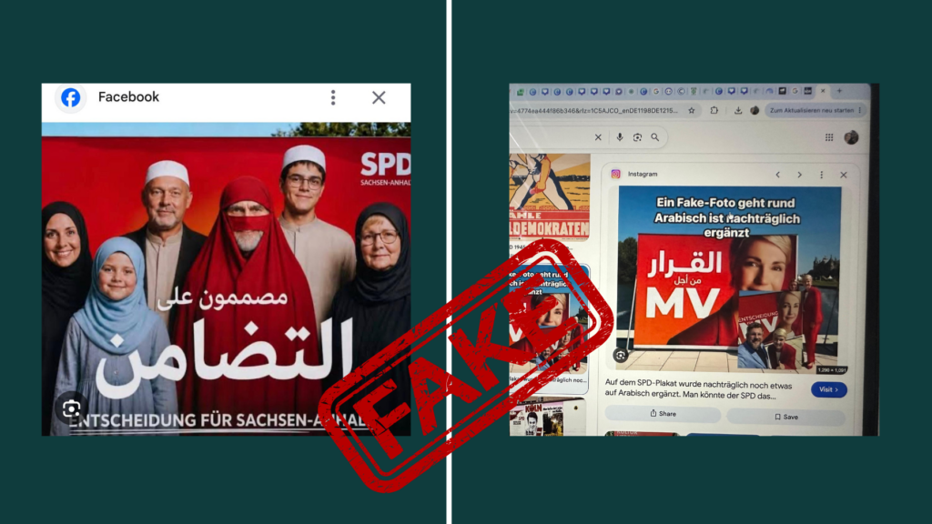 لقطة شاشة لصور  تظهر انتشار ملصق انتخابي مزيف لحزب الحزب الاشتراكي الديمقراطي الألماني (SPD)، كُتبت عليه عبارات باللغة العربية، قبيل انتخابات ولاية مكلنبورغ-فوربومرن. Screenshot
